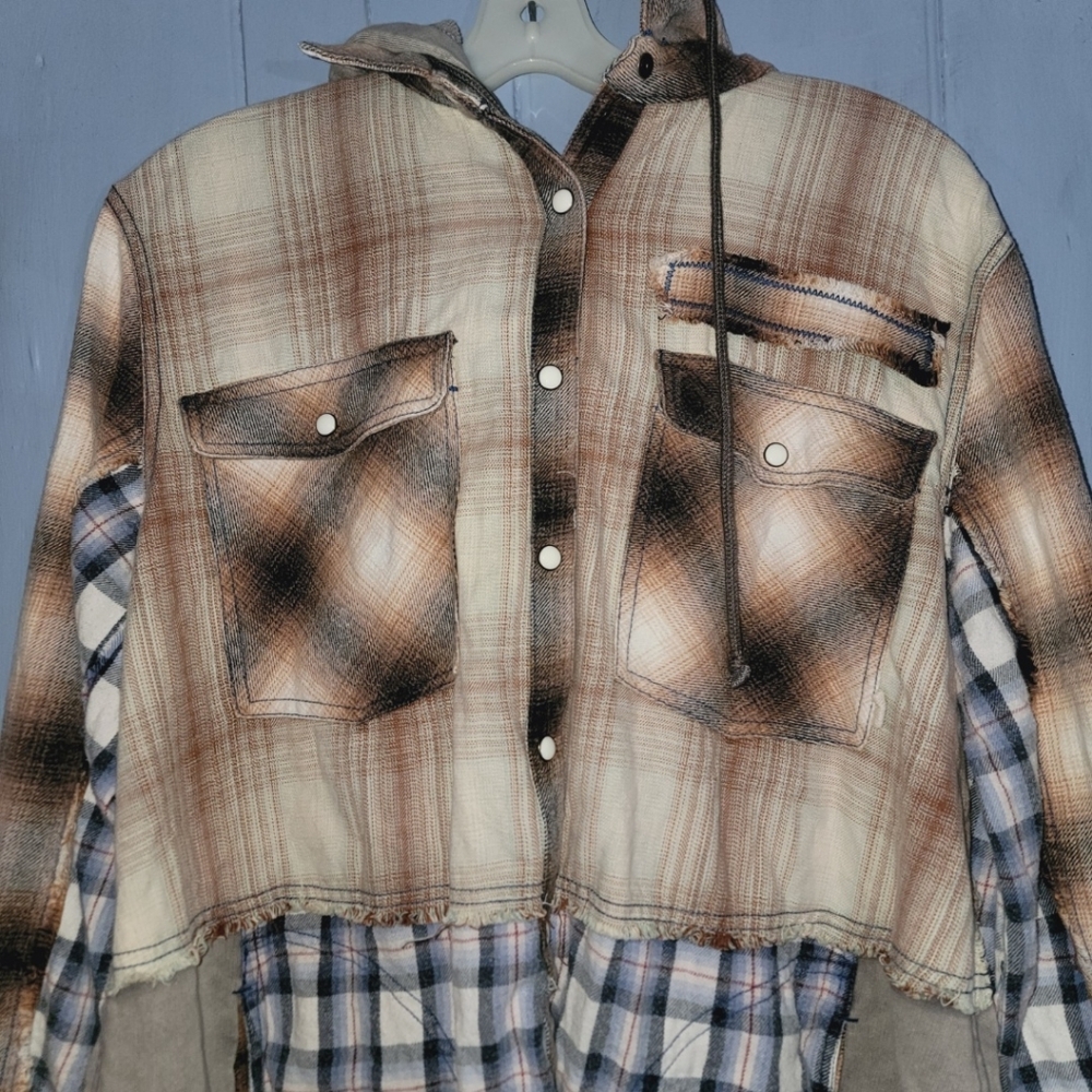 We The Free People BLUE RIDGE Mixed Plaid + Media Hoodie Hooded Jacket Shacket - Picture 9 of 16